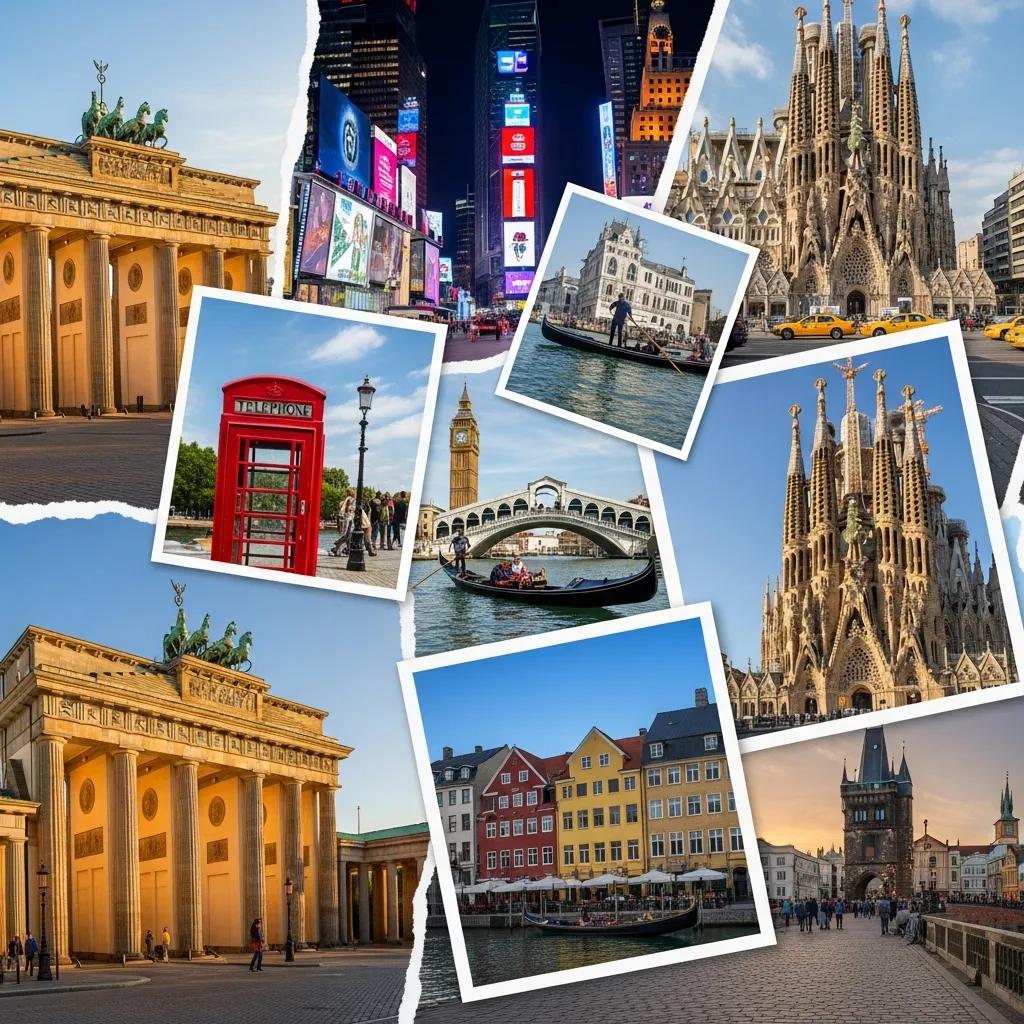 Collage of iconic landmarks from cities known for free walking tours, including Berlin, Barcelona, and New York City