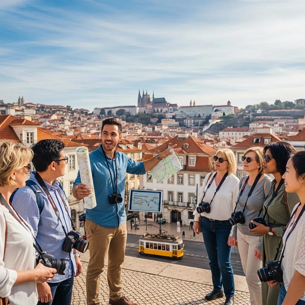 Local guide explaining the route to tourists at a scenic meeting point during a free walking tour