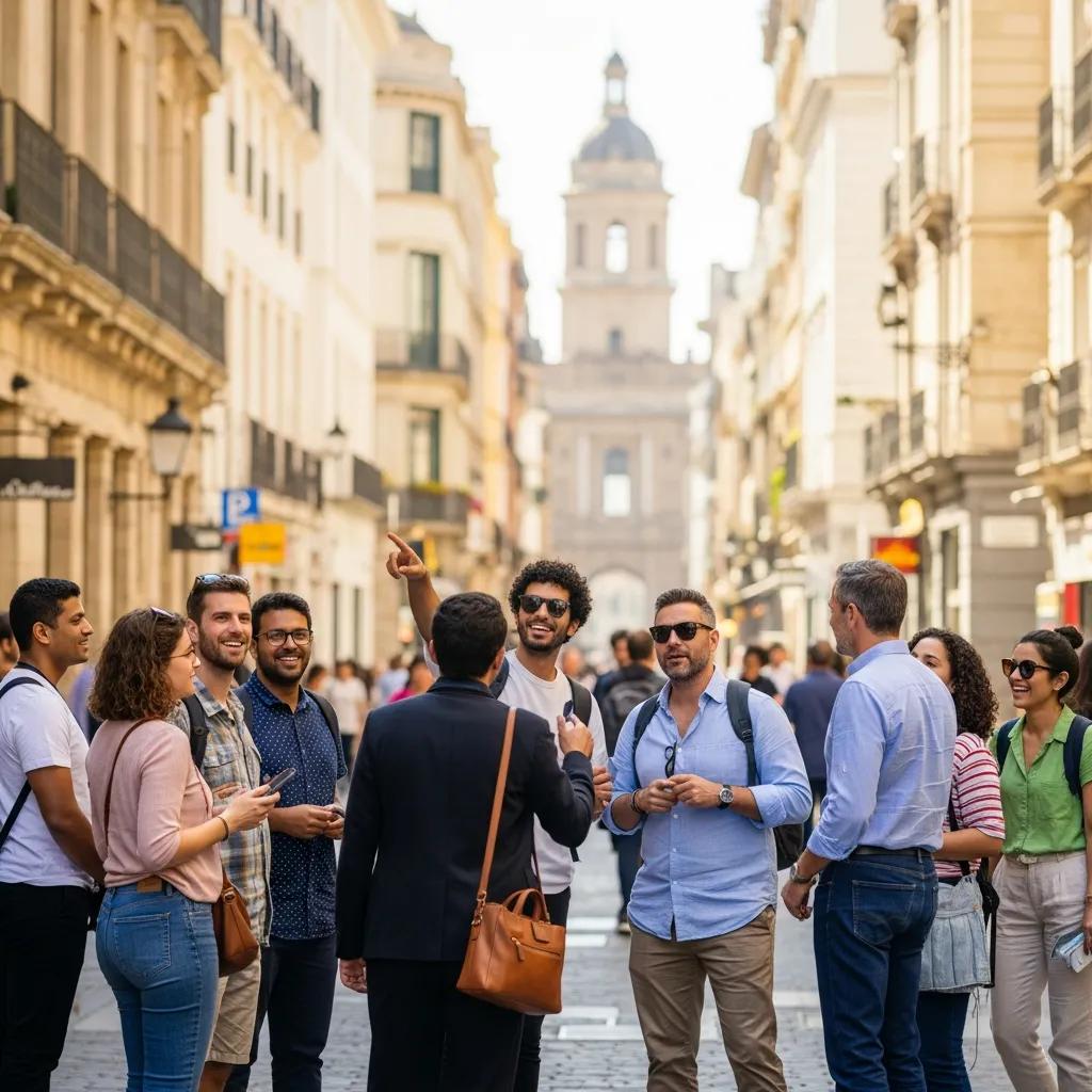 Travelers enjoying a free walking tour in a historic city, engaging with a local guide
