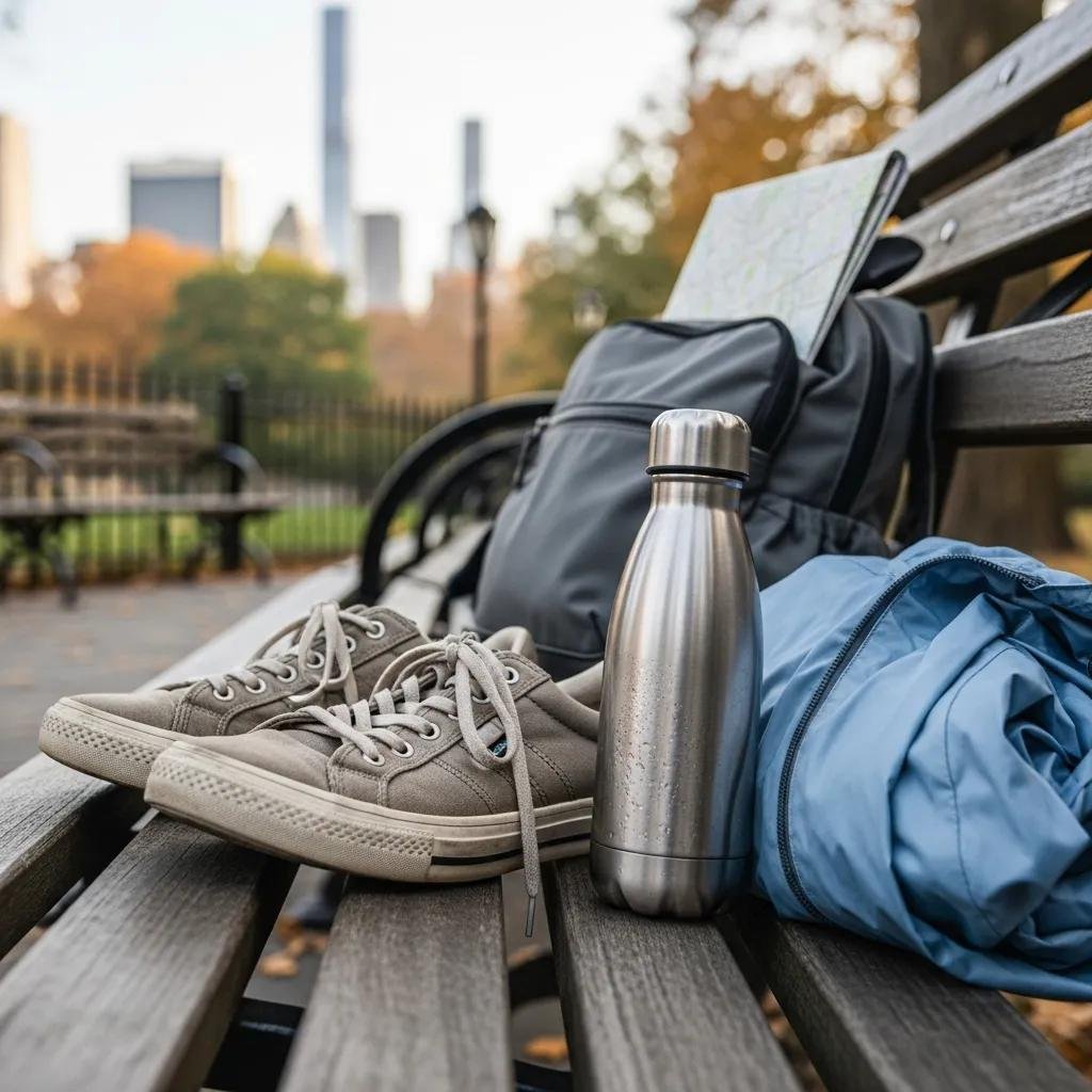 Essential items for a NYC free walking tour, including comfortable shoes and water, set in a park environment