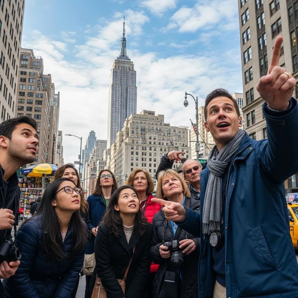 A tour guide leading a group of tourists in Midtown Manhattan, highlighting the interactive experience