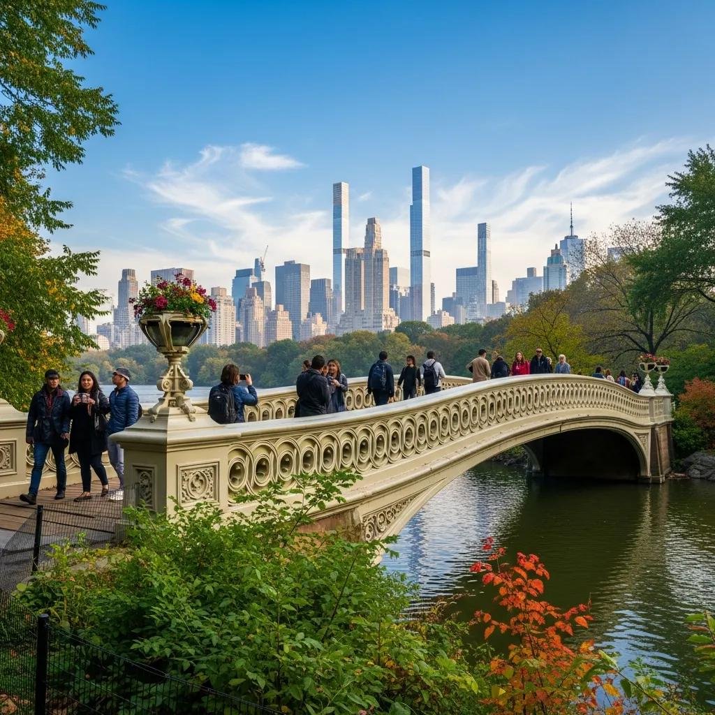 Bow Bridge in Central Park with visitors and city skyline in the background