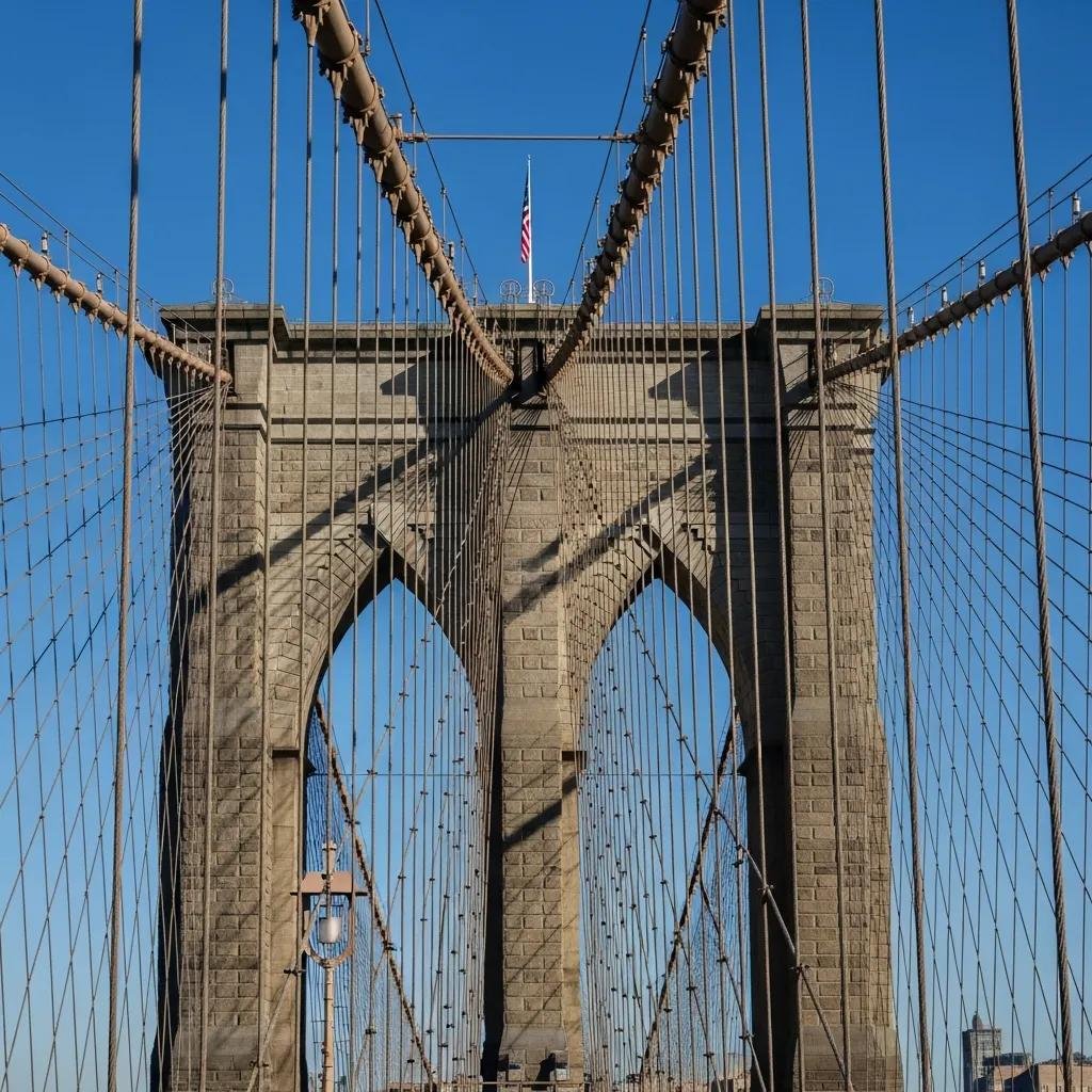 Close-up of Brooklyn Bridge towers and steel cables against blue sky