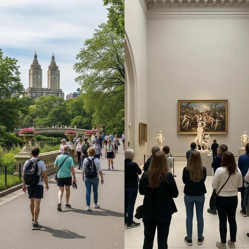 Contrasting scenes of free and paid NYC tours highlighting Central Park and the Metropolitan Museum of Art