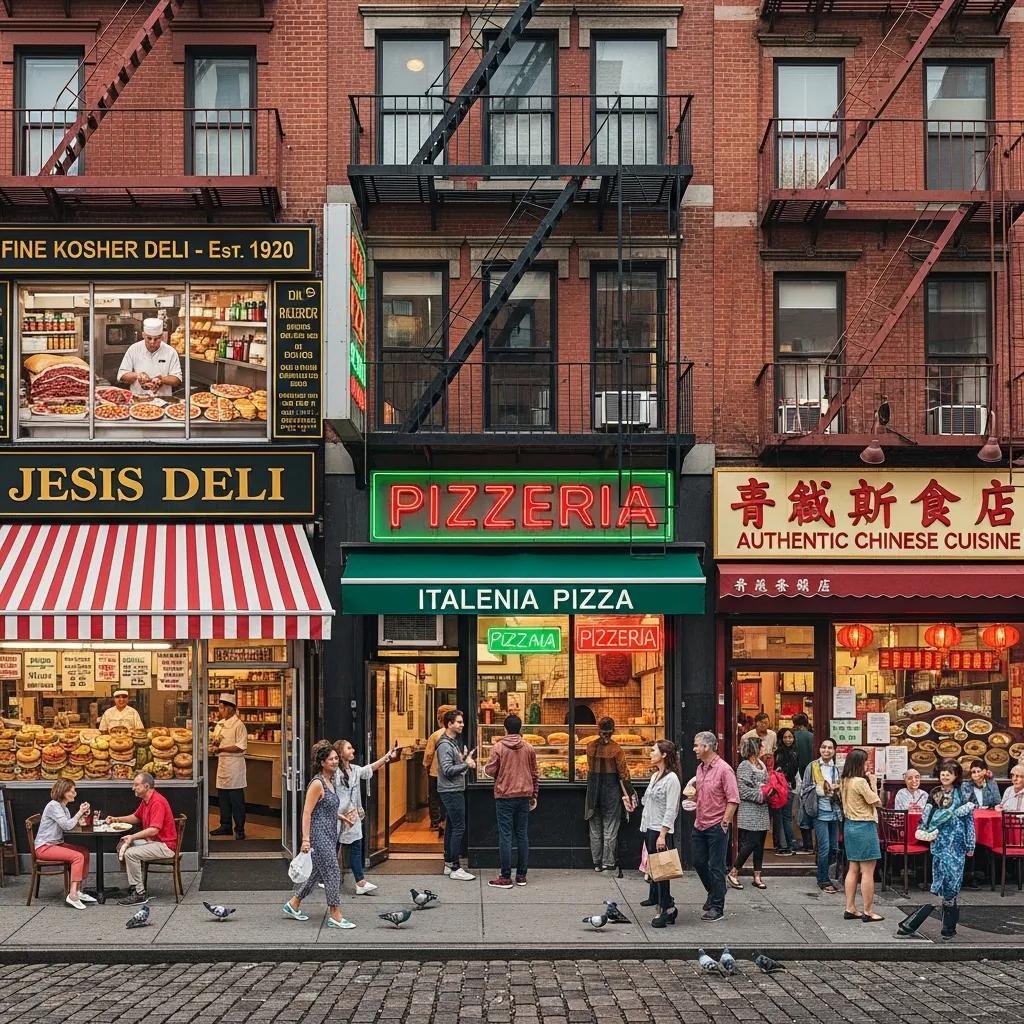 Cultural collage of immigrant groups in the Lower East Side, featuring food and community life