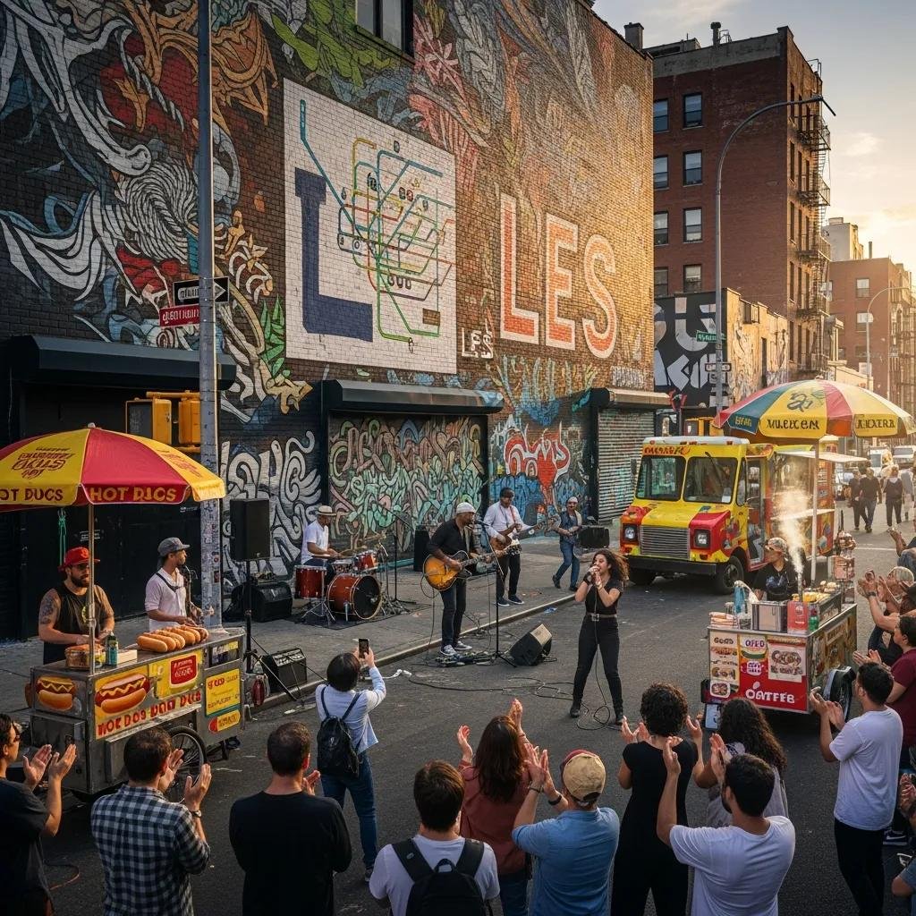 Dynamic scene of NYC street culture in the Lower East Side, showcasing art, music, and food