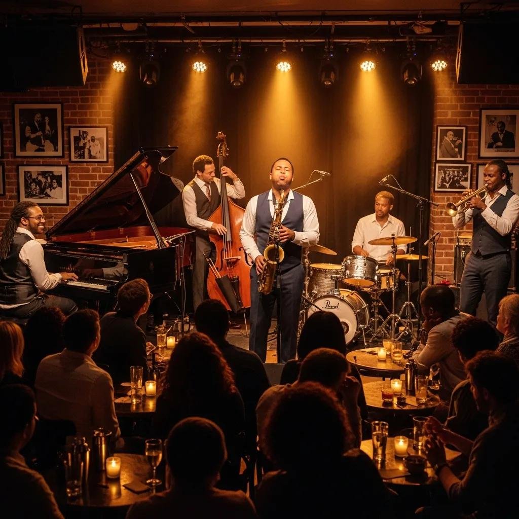 Live jazz performance in Harlem, showcasing musicians and the vibrant music heritage of the neighborhood