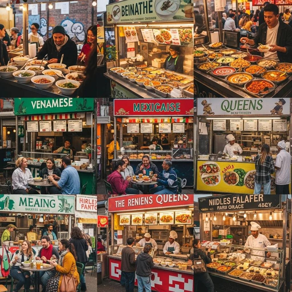 Lively market scene in Queens showcasing diverse food stalls and multicultural atmosphere