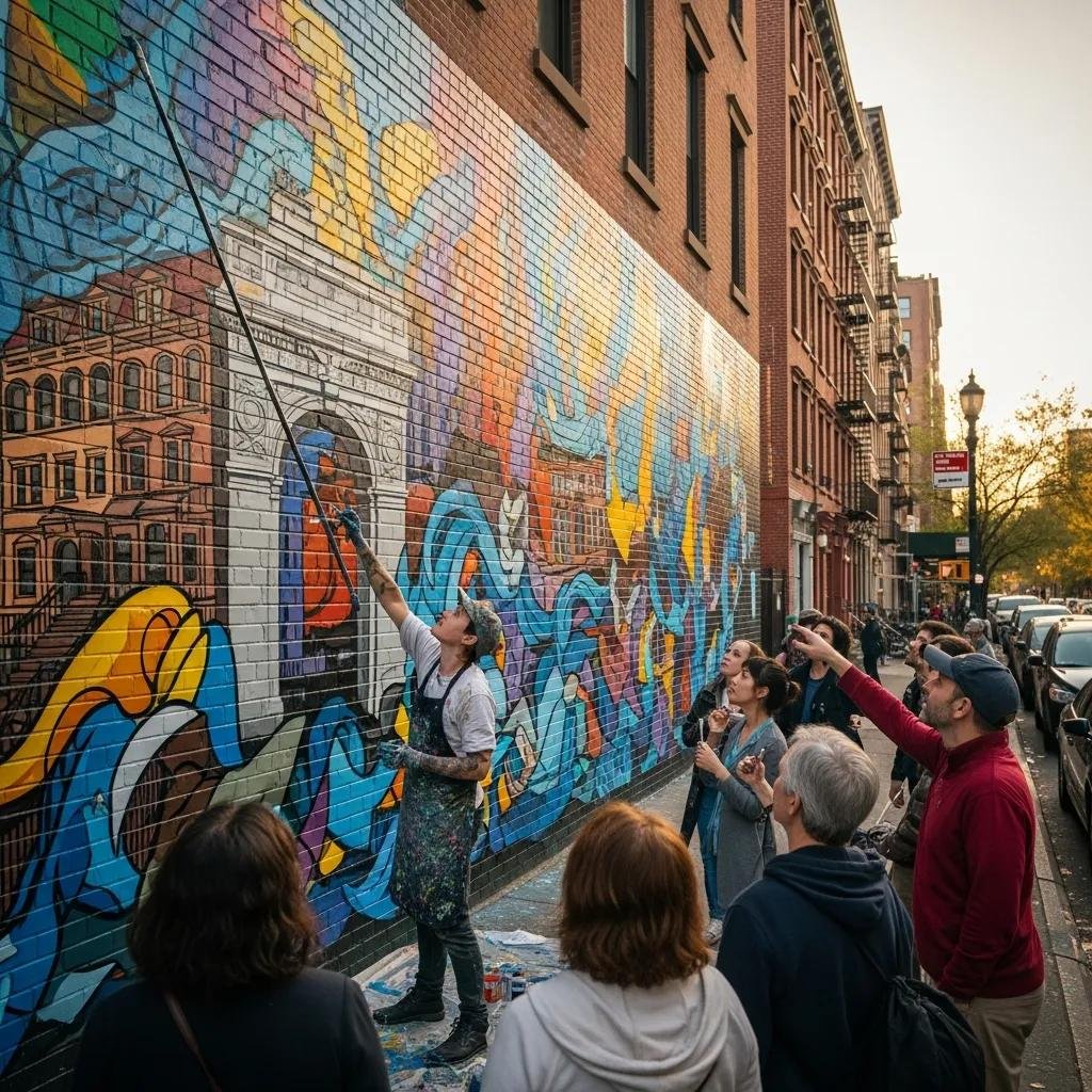 Local artist painting a vibrant mural in Greenwich Village, showcasing community creativity