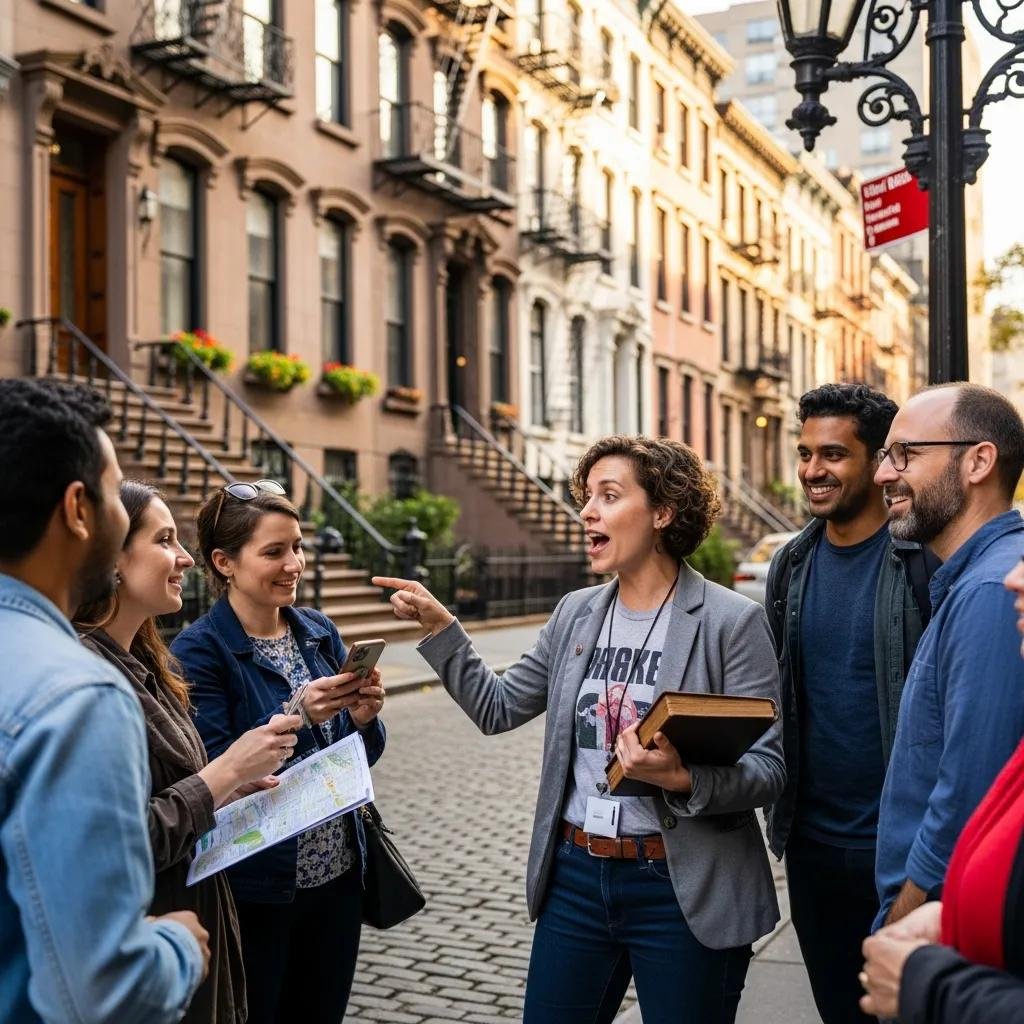 Local guide sharing cultural stories with tourists in a historic Manhattan neighborhood