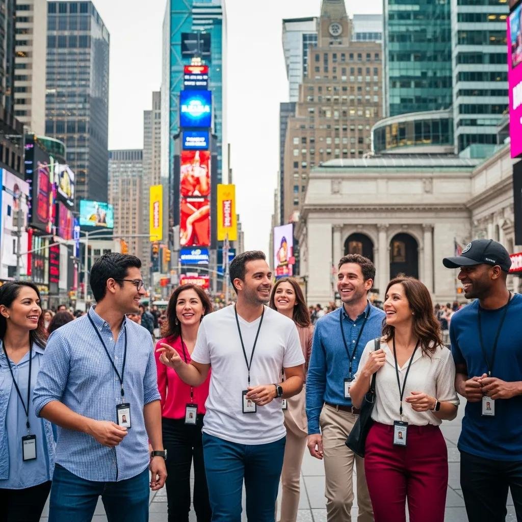 Spanish-speaking tourists enjoying a walking tour in Midtown Manhattan, surrounded by iconic landmarks and vibrant city energy.