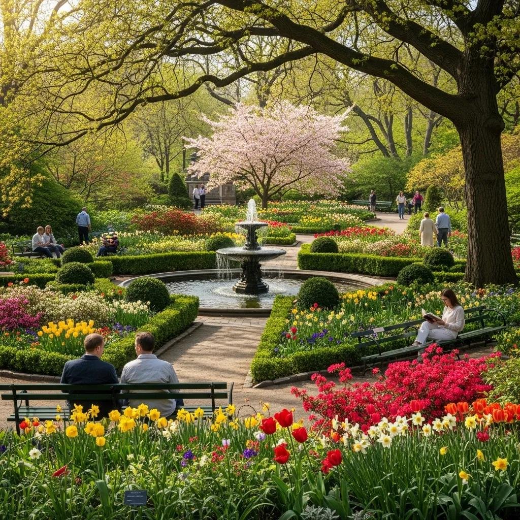 The Secret Garden in Central Park with vibrant flowers and serene atmosphere