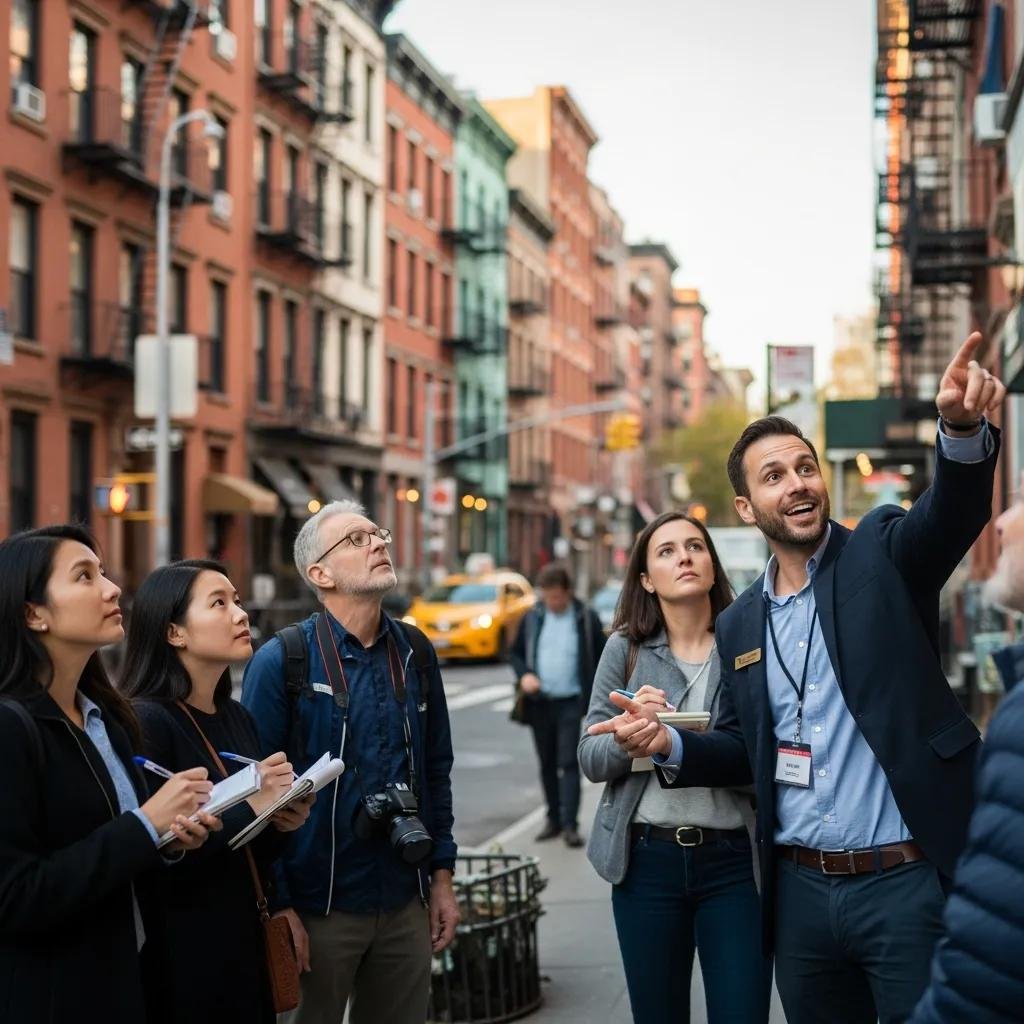 Tour guide engaging with tourists in a historical NYC neighborhood during a walking tour