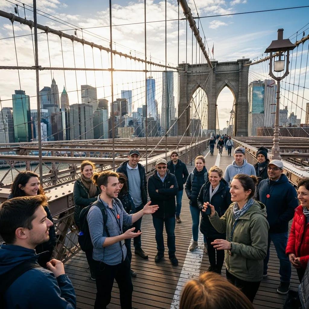 Tourists enjoying a free walking tour on the Brooklyn Bridge with Manhattan skyline