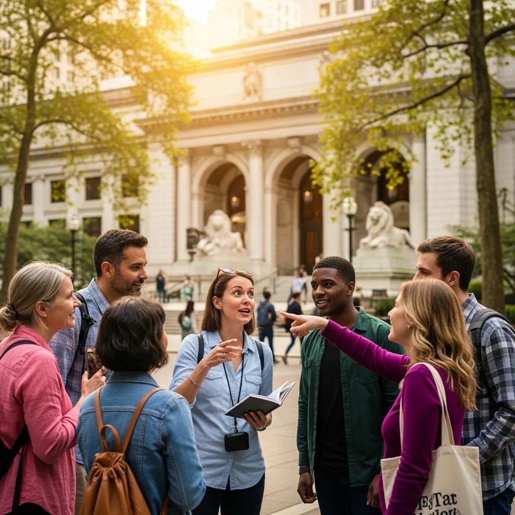 Tourists interacting with a guide in Bryant Park, highlighting the benefits of cultural immersion
