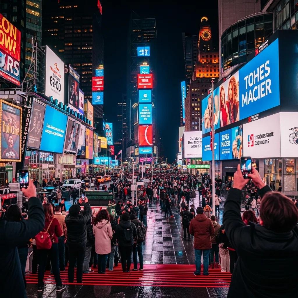 Vibrant Times Square at night, showcasing its iconic lights and lively atmosphere