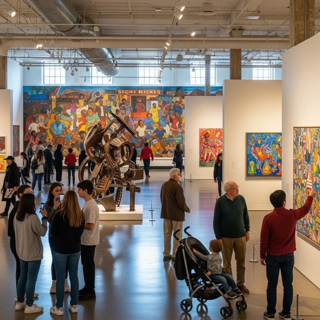 Visitors exploring a free museum in New York City, showcasing diverse art exhibits