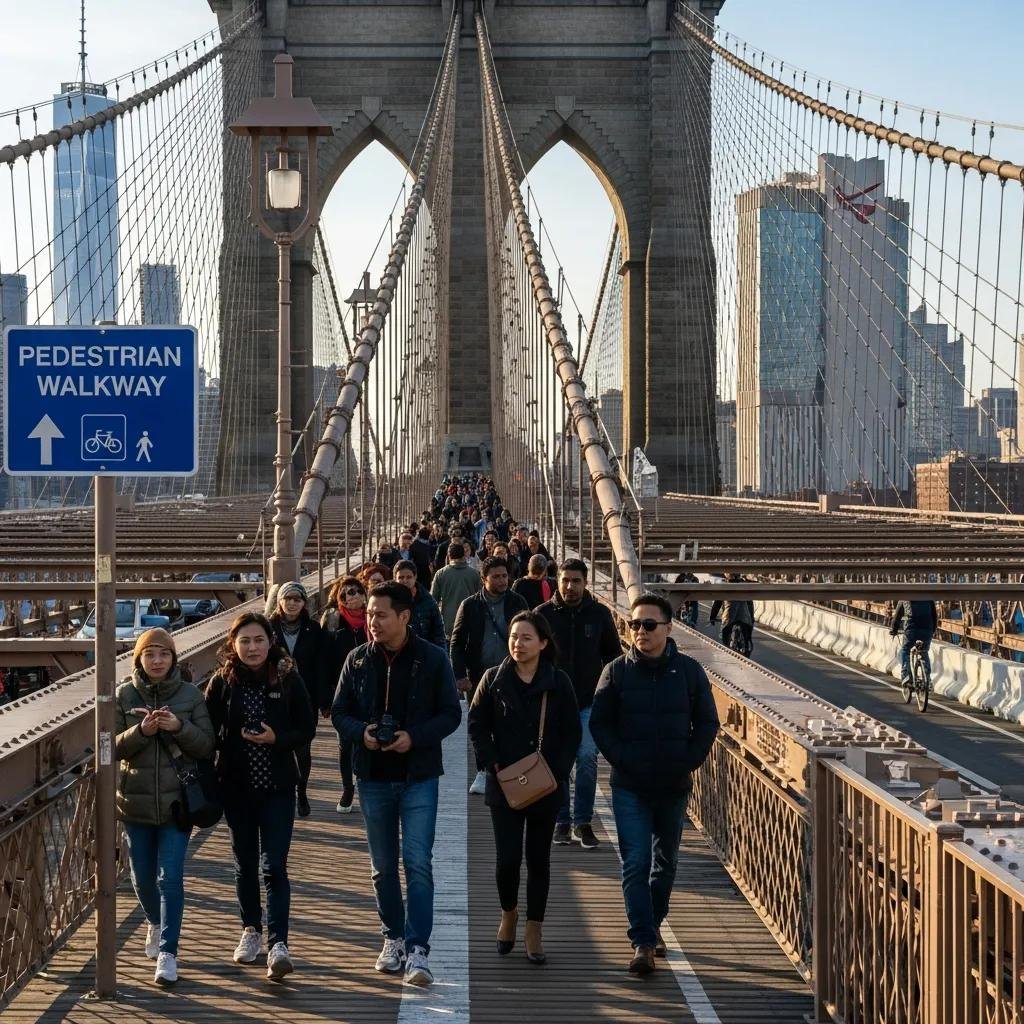 Visitors walking on the pedestrian path of Brooklyn Bridge with safety signage