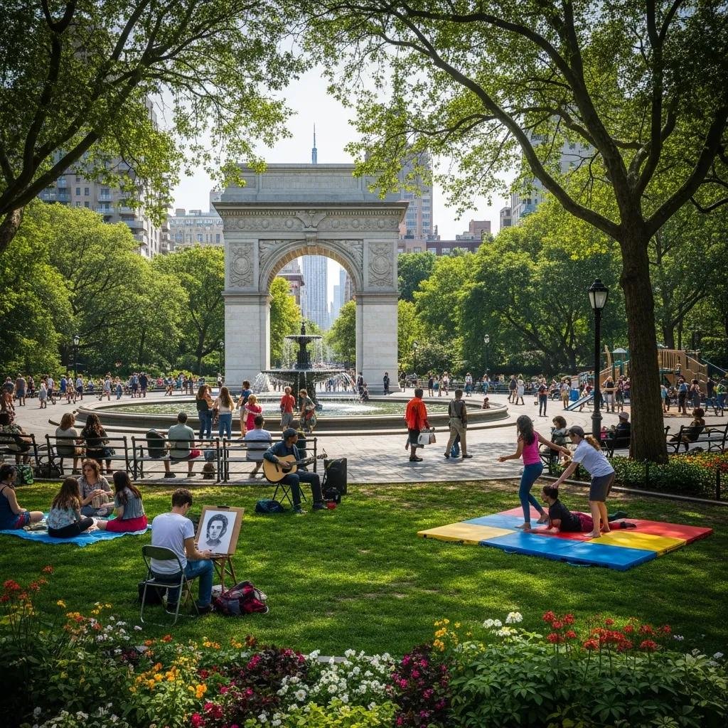 Washington Square Park with the iconic arch and people enjoying the vibrant atmosphere