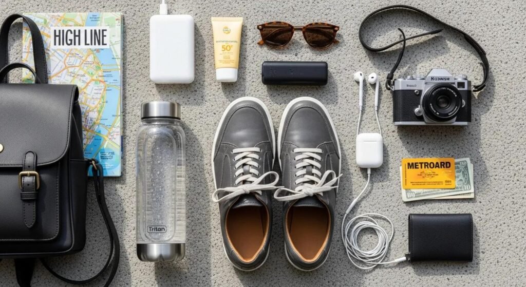 Essential items for visiting the High Line including shoes, water, and a camera