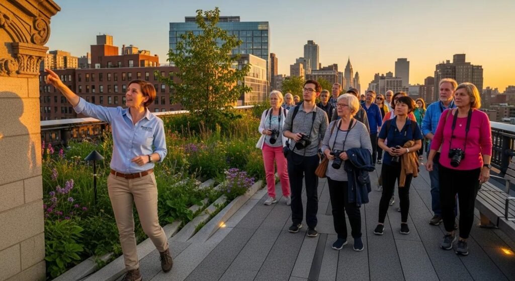 Tourists on a guided walking tour of the High Line with a guide