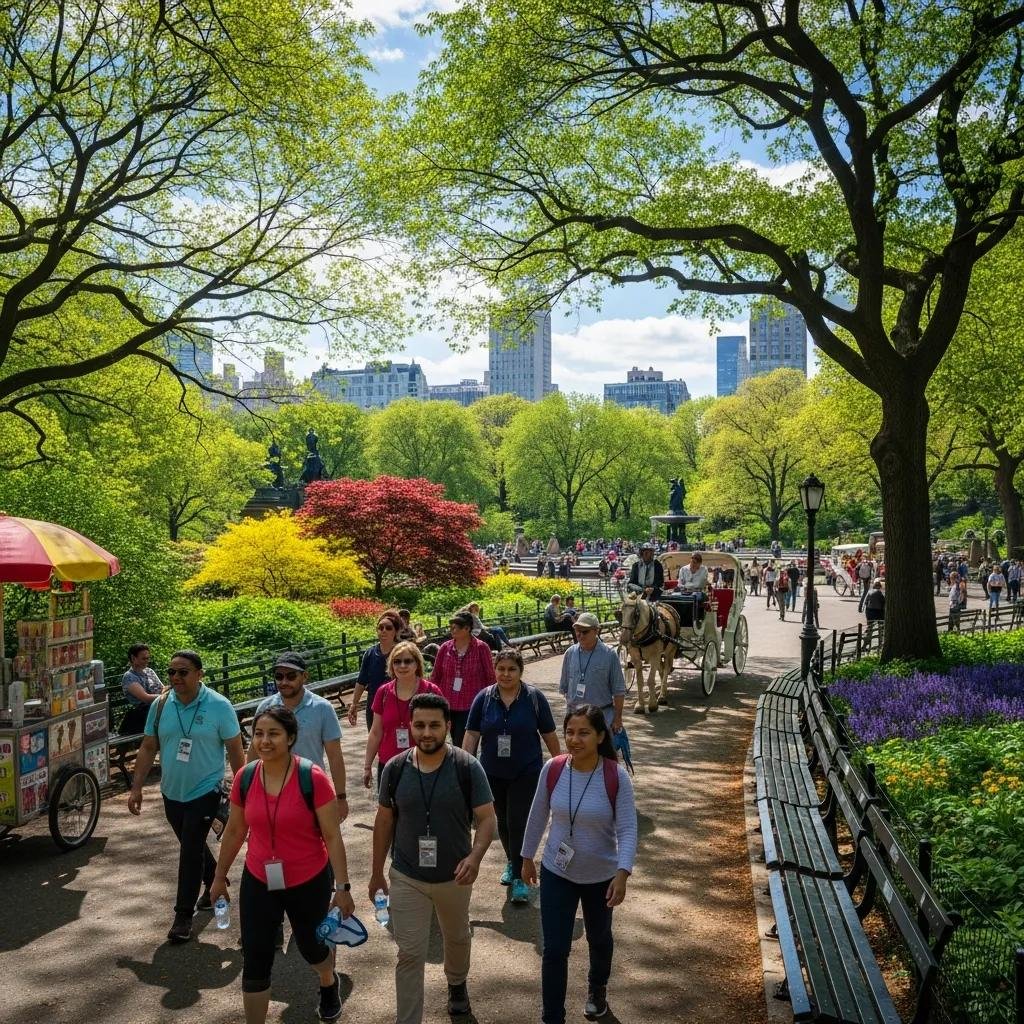 Central Park walking tour scene with visitors enjoying the park's natural beauty