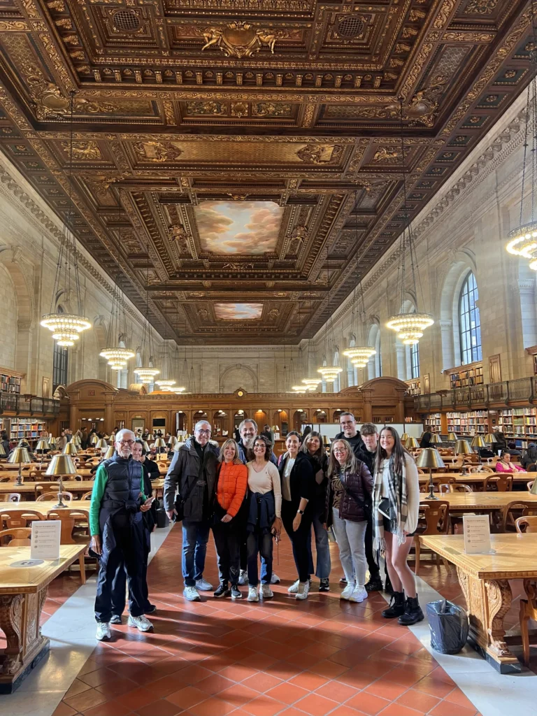 Close-up of New York Public Library's architectural details and marble columns