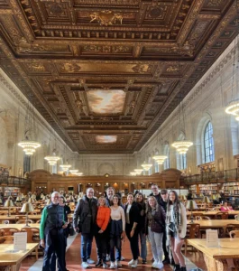 Close-up of New York Public Library's architectural details and marble columns