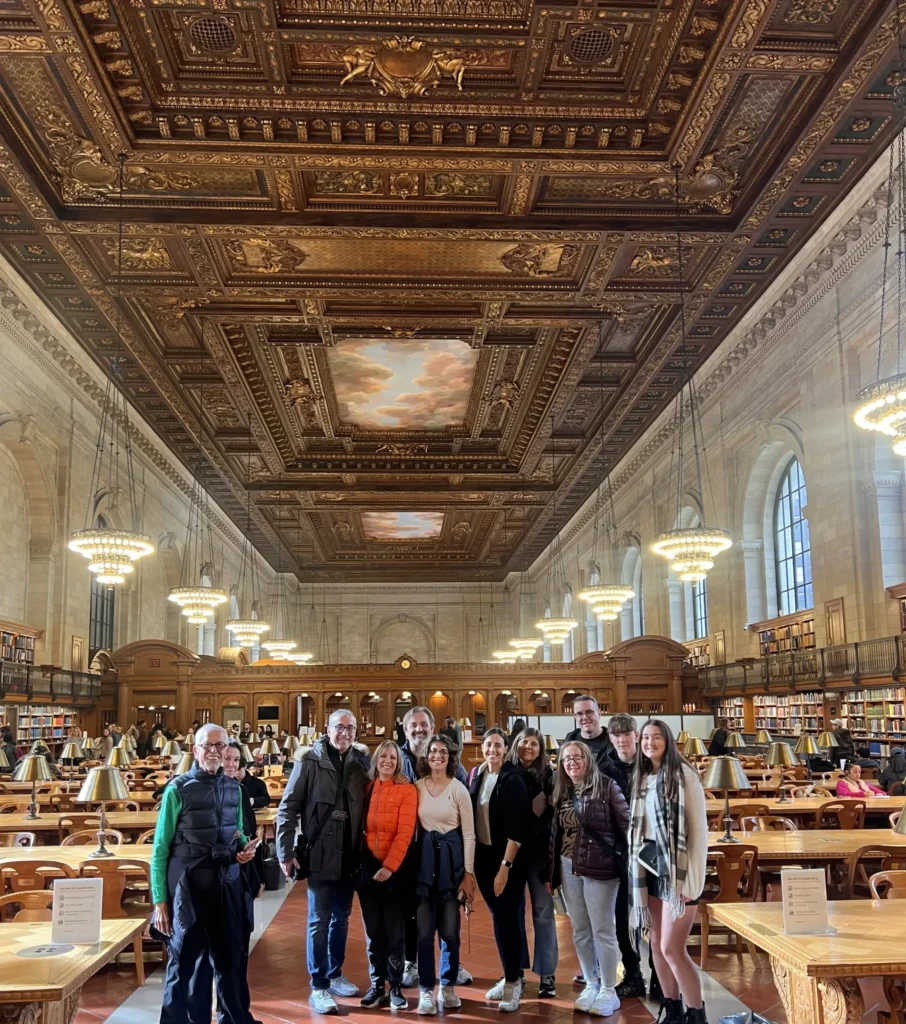 Close-up of New York Public Library's architectural details and marble columns