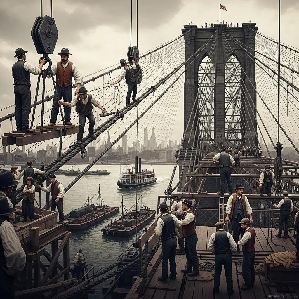 Historical depiction of Brooklyn Bridge construction with workers