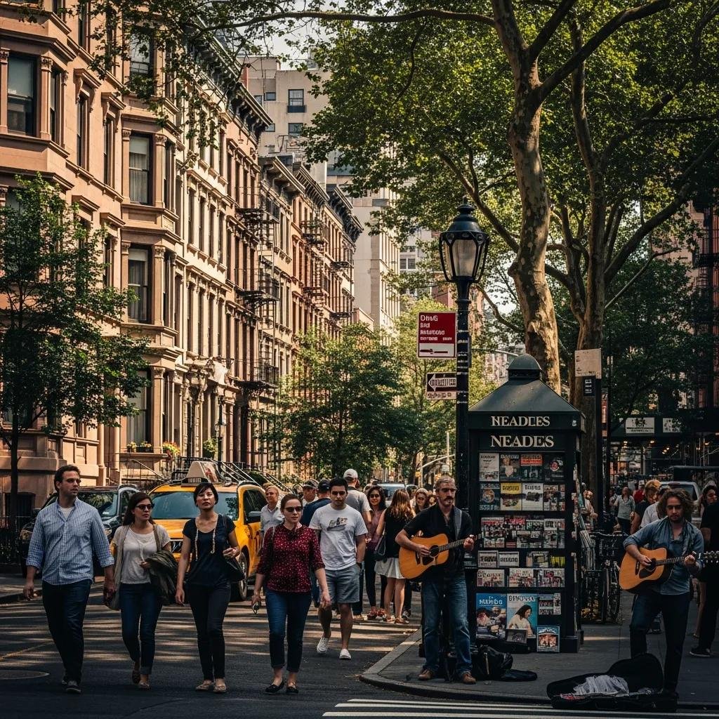 Vibrant street scene in Greenwich Village with historic buildings and pedestrians