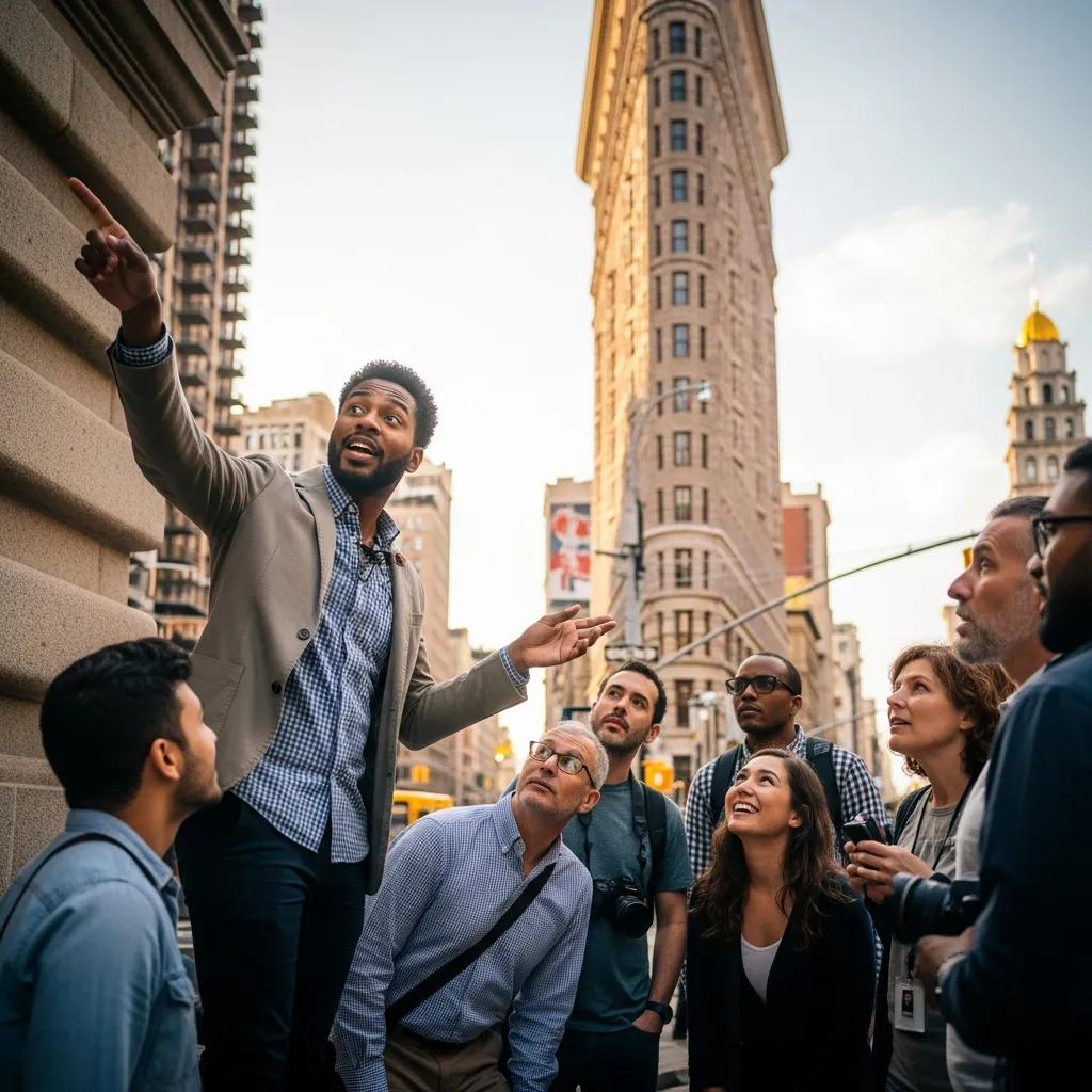 A tour guide passionately sharing stories with tourists at a historical site in Midtown Manhattan