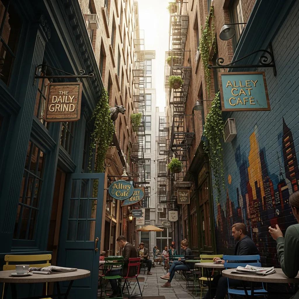 Charming Midtown alleyway with local cafes and hidden architectural details, representing the exploration of hidden gems