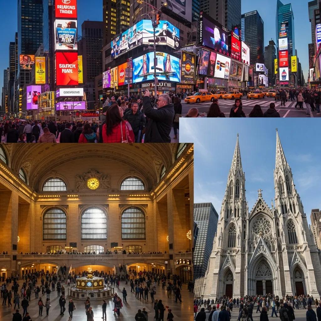 Collage of Midtown Manhattan landmarks including Grand Central Terminal, St. Patrick's Cathedral, and Times Square