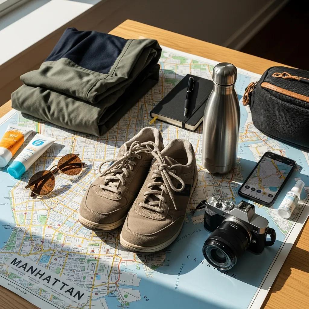 Essential items for a NYC walking tour including comfortable shoes, a water bottle, and a camera on a city map