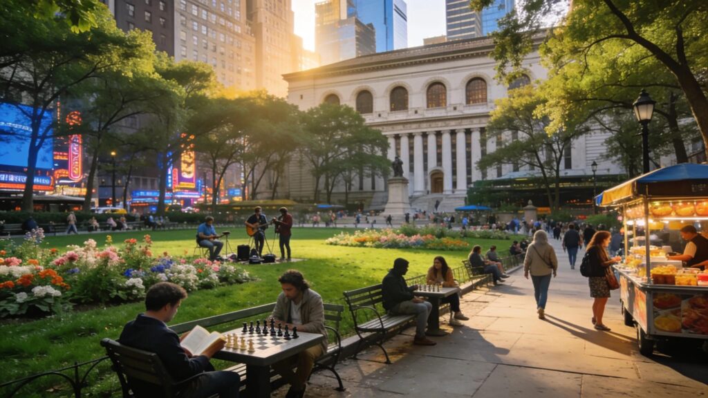 Bryant Park landscape featuring nearby attractions like the New York Public Library and Times Square