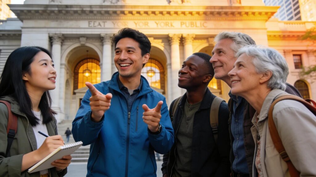 Local guide sharing stories with tourists at Bryant Park, highlighting the tour experience