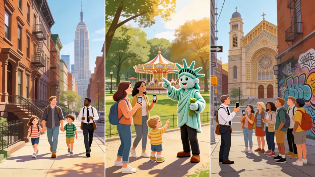 Various types of walking tours in NYC, showing family engagement in different tour experiences