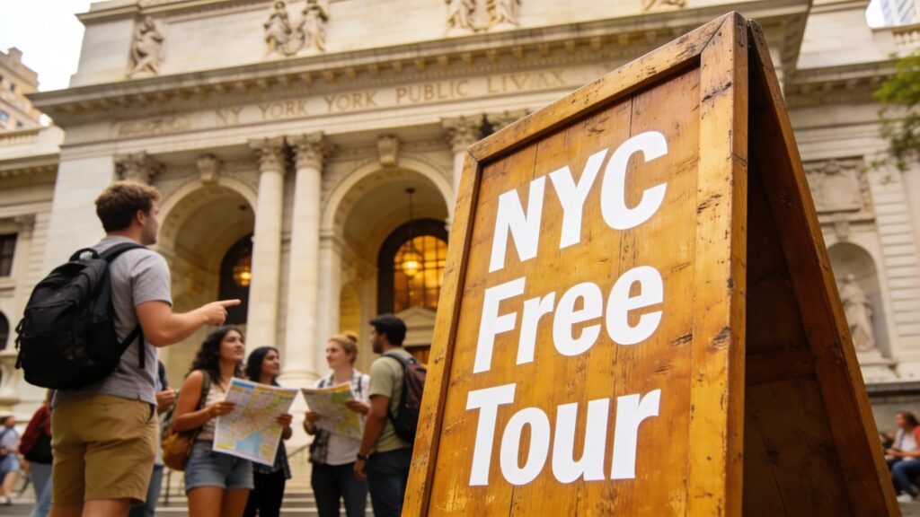 NYC Free Tour meeting spot near Bryant Park featuring bright umbrella marker