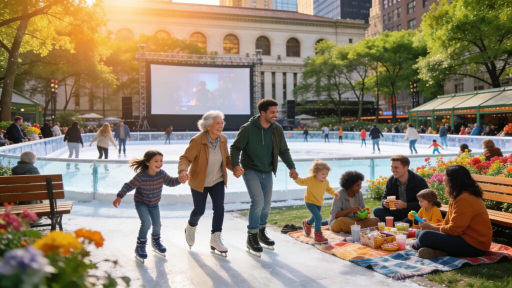 Seasonal activities in Bryant Park, showcasing community engagement through events like ice skating
