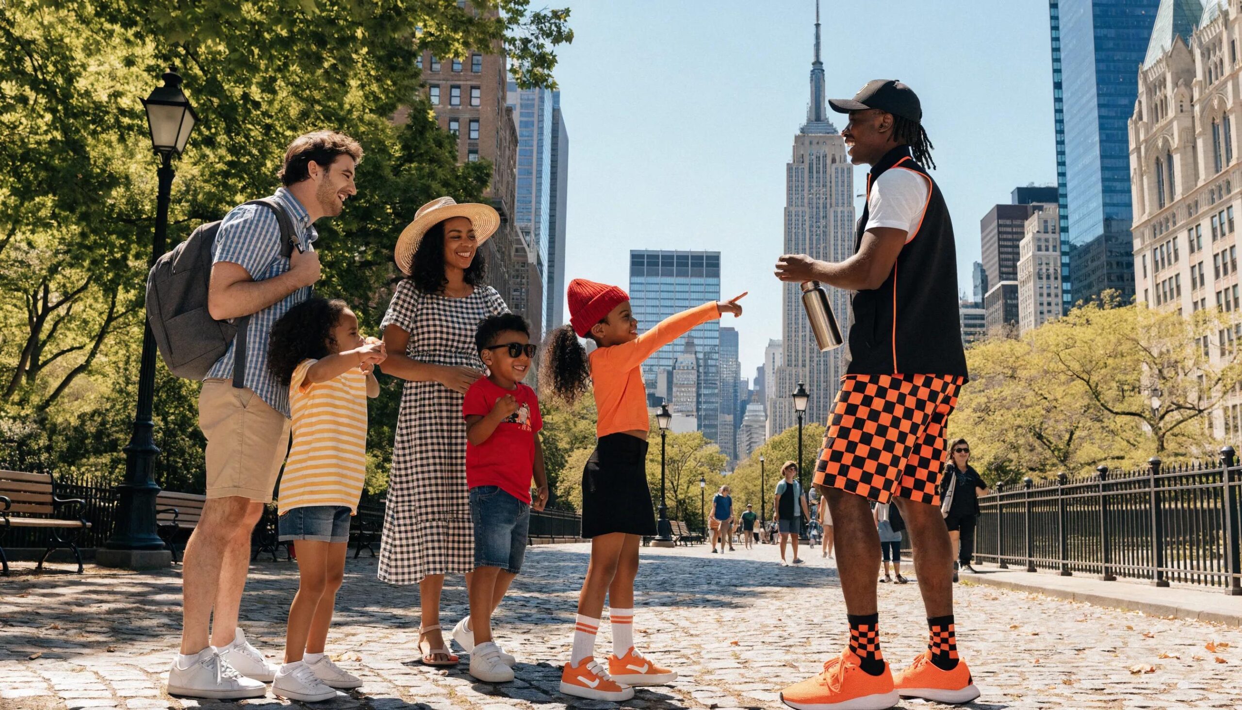 Family enjoying a guided walking tour in NYC with a local guide and iconic landmarks