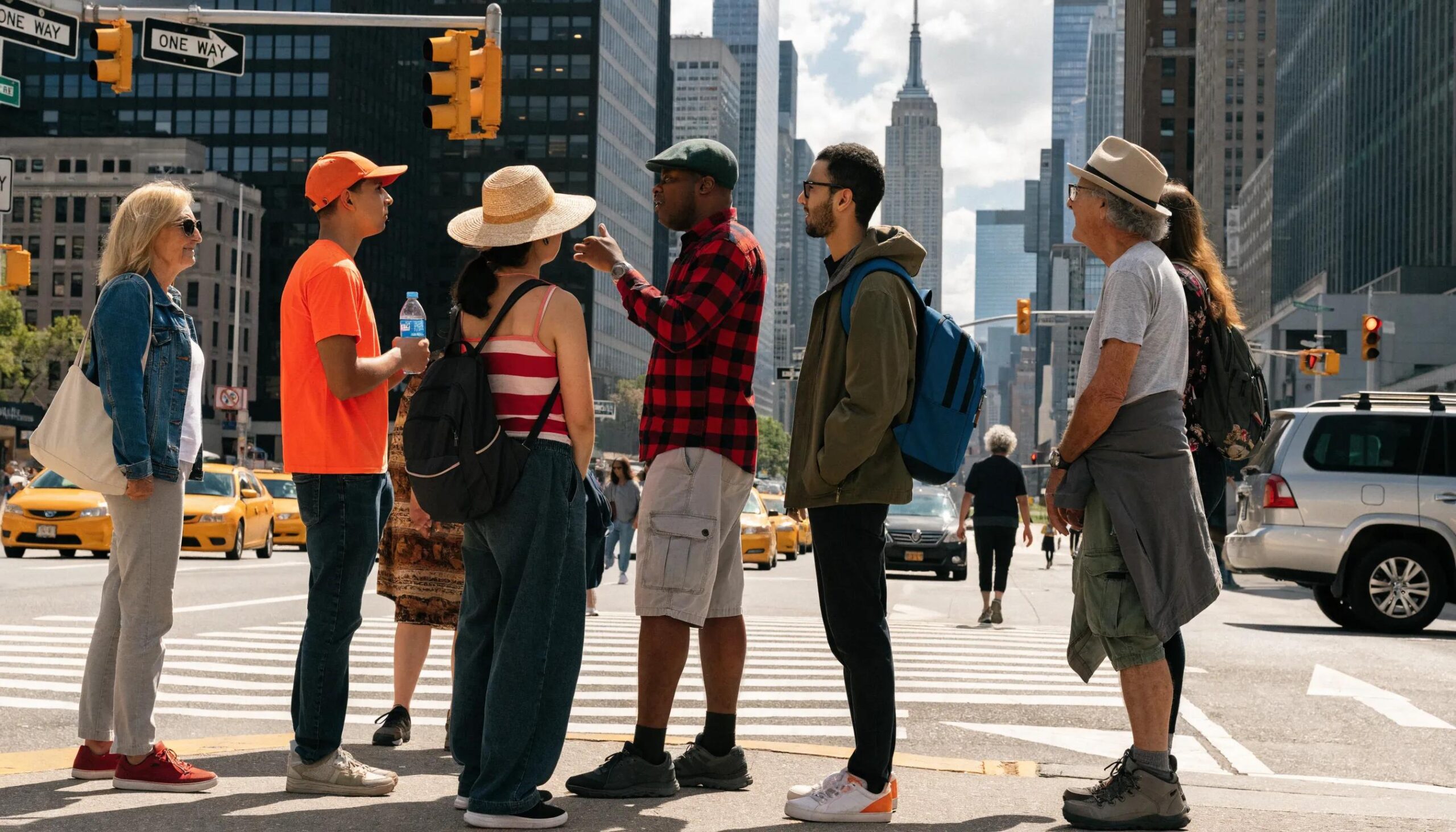 Tourists engaged in a free walking tour in New York City with a city skyline backdrop