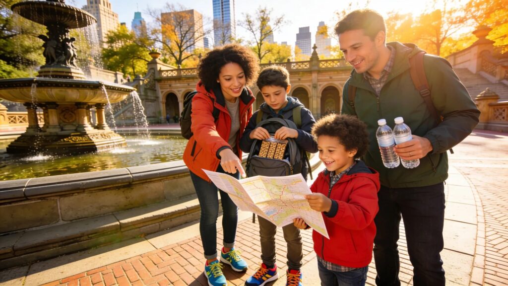 Family preparing for a walking tour in NYC, engaging with a map and organizing essentials