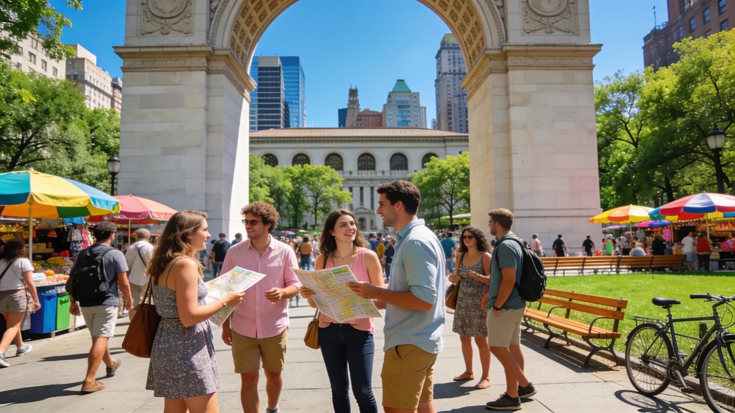 Bryant Park bustling with tourists, showcasing the vibrant atmosphere for free walking tours in NYC