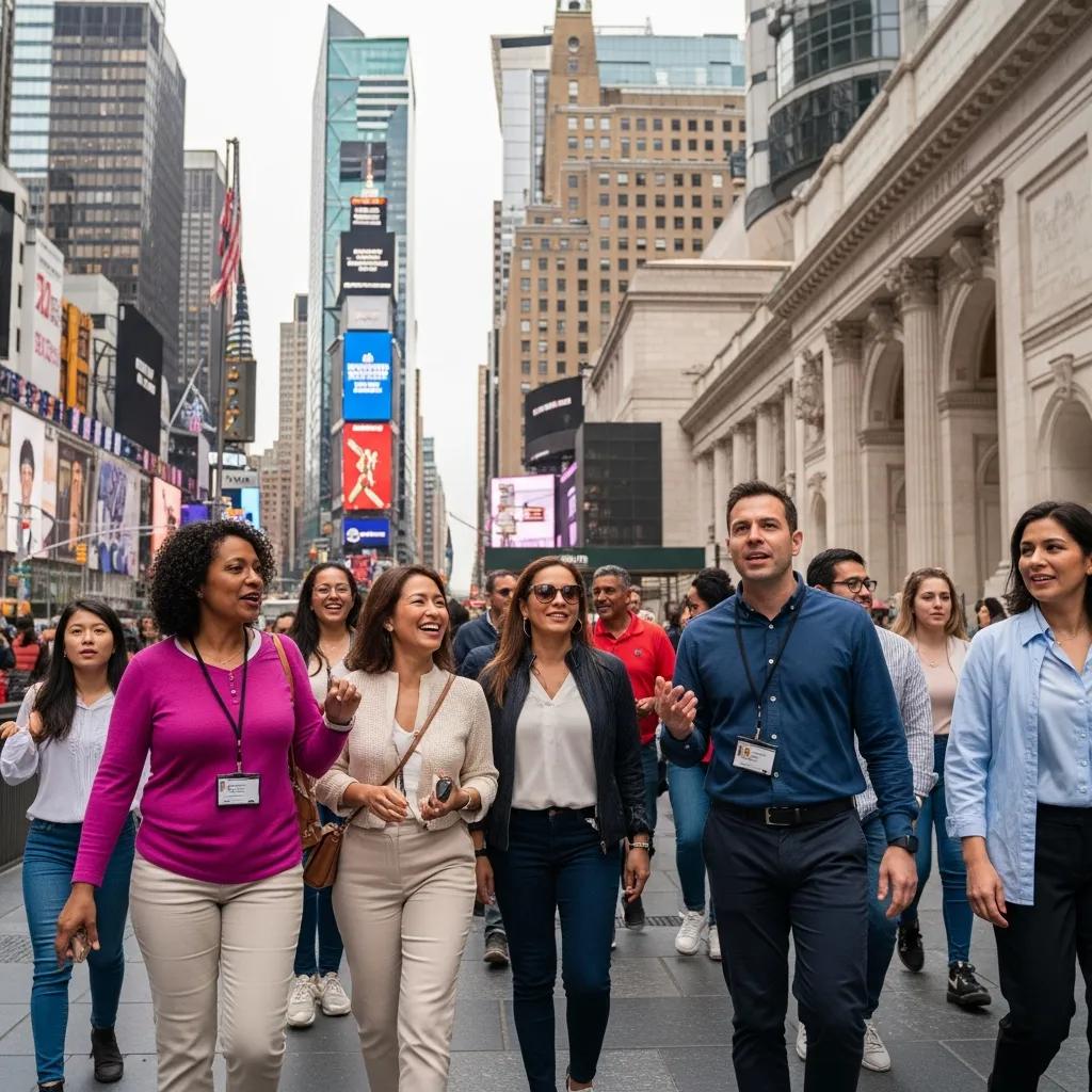 Turistas de habla hispana participando en un tour a pie en Midtown Manhattan con monumentos emblem&aacute;ticos